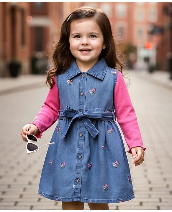 Babyhug Cotton Woven Floral Embroidered Frock With Full Sleeves Inner Tee & Belt  - Pink & Blue