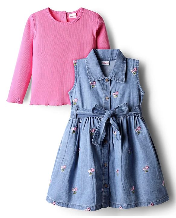 Babyhug Cotton Woven Floral Embroidered Frock With Full Sleeves Inner Tee & Belt  - Pink & Blue