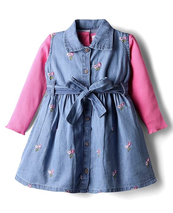Babyhug Cotton Woven Floral Embroidered Frock With Full Sleeves Inner Tee & Belt  - Pink & Blue