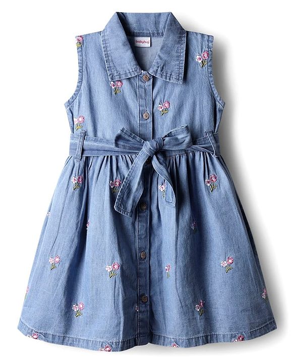 Babyhug Cotton Woven Floral Embroidered Frock With Full Sleeves Inner Tee & Belt  - Pink & Blue