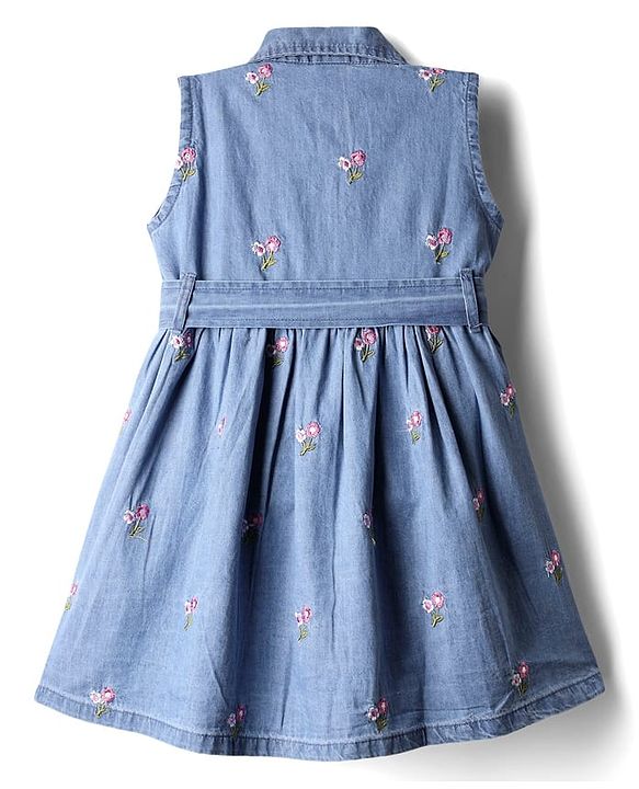 Babyhug Cotton Woven Floral Embroidered Frock With Full Sleeves Inner Tee & Belt  - Pink & Blue