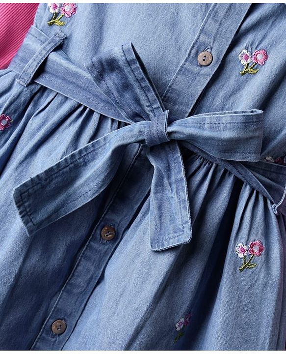 Babyhug Cotton Woven Floral Embroidered Frock With Full Sleeves Inner Tee & Belt  - Pink & Blue