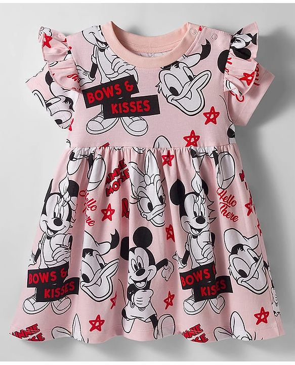 Babyhug Disney Single Jersey Knit Half Sleeves Frock With Minnie Mouse & Friends Graphics & Frill Detailing - Pink