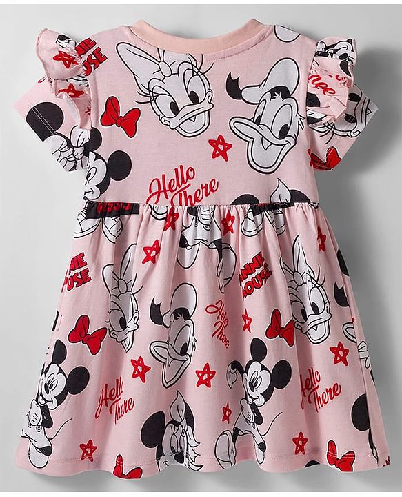Babyhug Disney Single Jersey Knit Half Sleeves Frock With Minnie Mouse & Friends Graphics & Frill Detailing - Pink