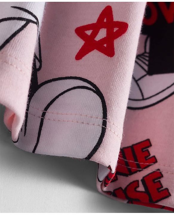 Babyhug Disney Single Jersey Knit Half Sleeves Frock With Minnie Mouse & Friends Graphics & Frill Detailing - Pink