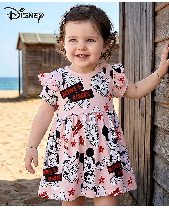 Babyhug Disney Single Jersey Knit Half Sleeves Frock With Minnie Mouse & Friends Graphics & Frill Detailing - Pink