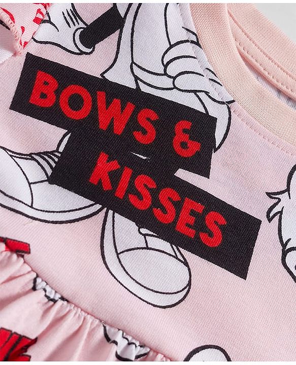 Babyhug Disney Single Jersey Knit Half Sleeves Frock With Minnie Mouse & Friends Graphics & Frill Detailing - Pink