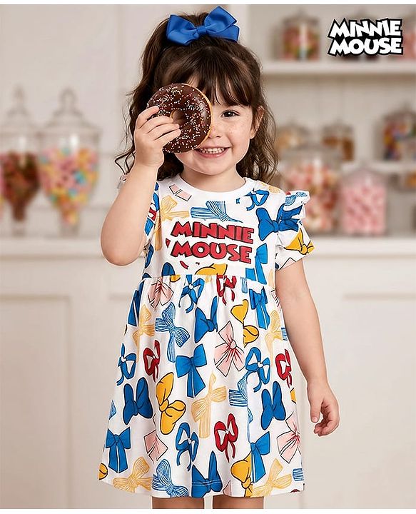 Babyhug Disney Single Jersey Knit Half Sleeves Frock With Minnie Mouse & Friends Graphics & Frill Detailing - White