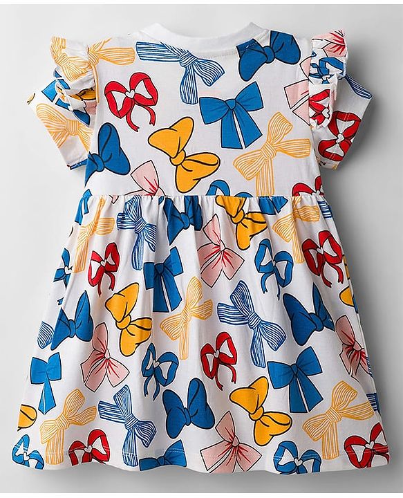 Babyhug Disney Single Jersey Knit Half Sleeves Frock With Minnie Mouse & Friends Graphics & Frill Detailing - White