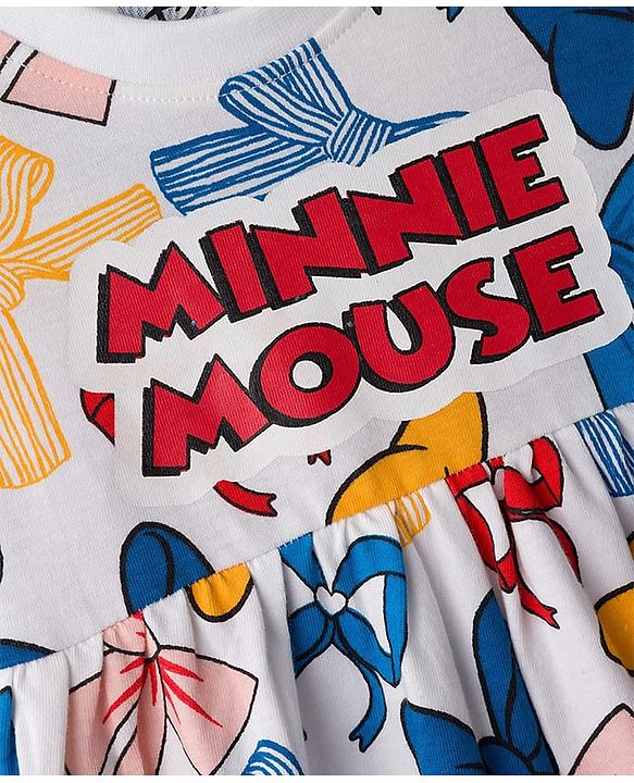 Babyhug Disney Single Jersey Knit Half Sleeves Frock With Minnie Mouse & Friends Graphics & Frill Detailing - White