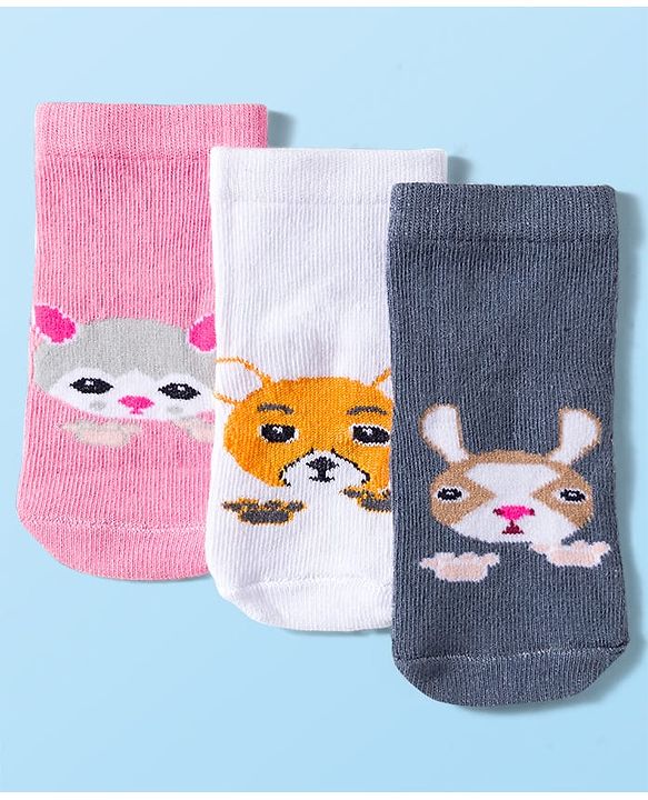 Cute Walk by Babyhug Knit Anti Bacterial Ankle Length Socks With Animal Design Pack of 3 - Multicolor