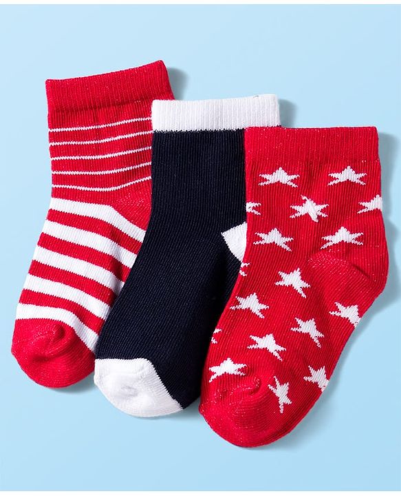 Cute Walk by Babyhug Knit Anti Bacterial Ankle Length Socks With Stripes & Star Design Pack of 3 - Multicolor
