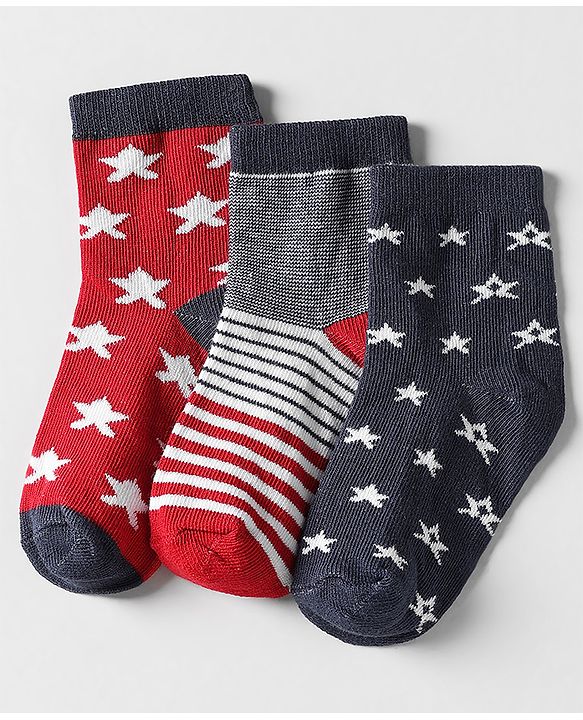 Cutewalk by Babyhug Ankle Length Anti-Bacterial Socks with Star Design & Stripes Pack of 3 - Navy Blue & Red