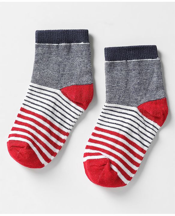 Cutewalk by Babyhug Ankle Length Anti-Bacterial Socks with Star Design & Stripes Pack of 3 - Navy Blue & Red