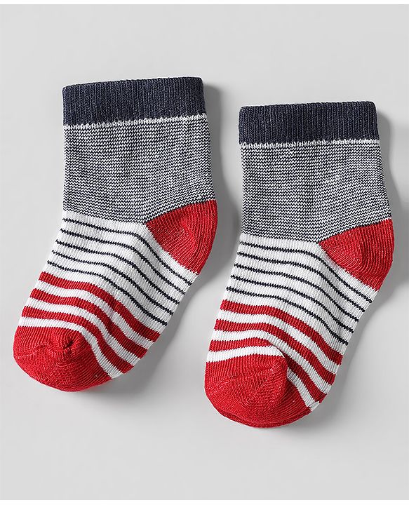 Cutewalk by Babyhug Ankle Length Anti-Bacterial Socks with Star Design & Stripes Pack of 3 - Navy Blue & Red