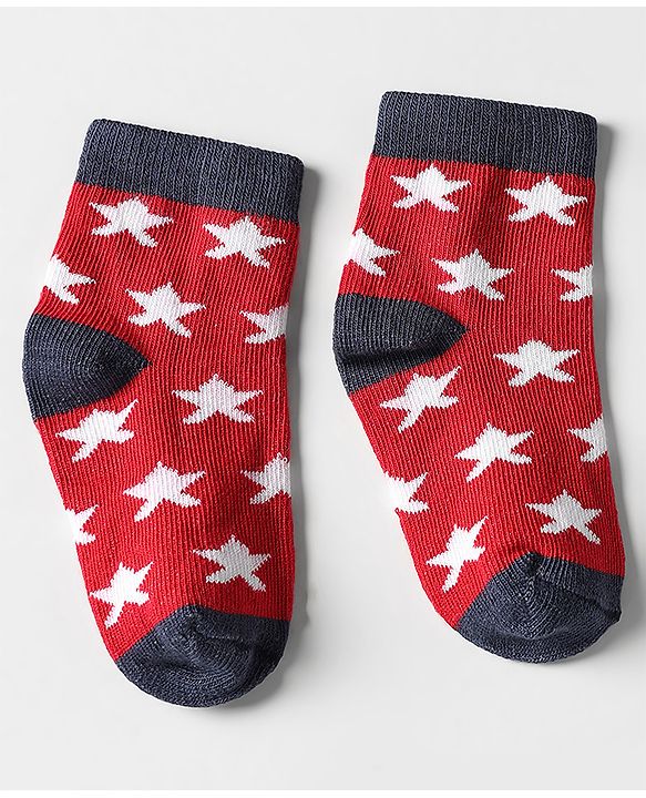 Cutewalk by Babyhug Ankle Length Anti-Bacterial Socks with Star Design & Stripes Pack of 3 - Navy Blue & Red
