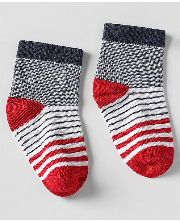 Cutewalk by Babyhug Ankle Length Anti-Bacterial Socks with Star Design & Stripes Pack of 3 - Navy Blue & Red