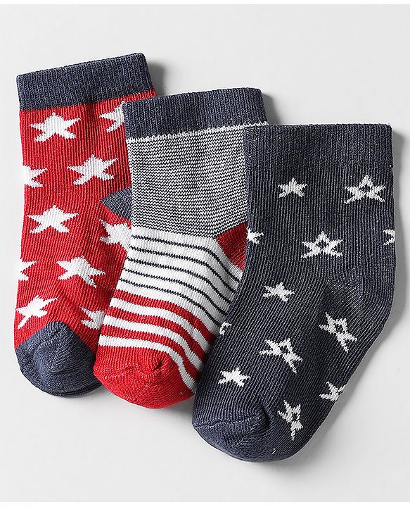 Cutewalk by Babyhug Ankle Length Anti-Bacterial Socks with Star Design & Stripes Pack of 3 - Navy Blue & Red