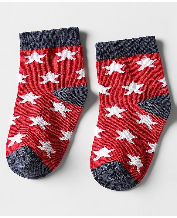 Cutewalk by Babyhug Ankle Length Anti-Bacterial Socks with Star Design & Stripes Pack of 3 - Navy Blue & Red