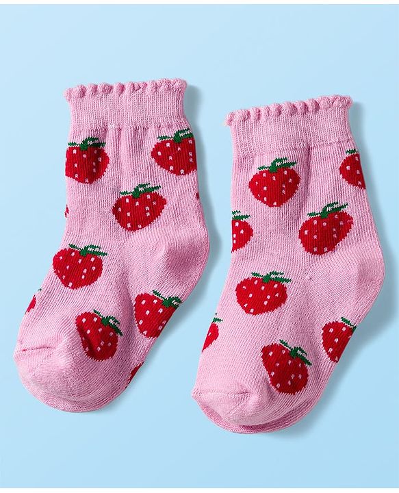 Cute Walk by Babyhug Knit Anti Bacterial Ankle Length Socks With Polka Dot & Strawberry Design Pack of 3 - Multicolor