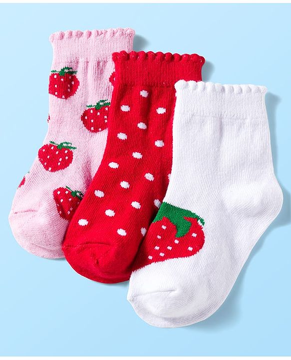 Cute Walk by Babyhug Knit Anti Bacterial Ankle Length Socks With Polka Dot & Strawberry Design Pack of 3 - Multicolor