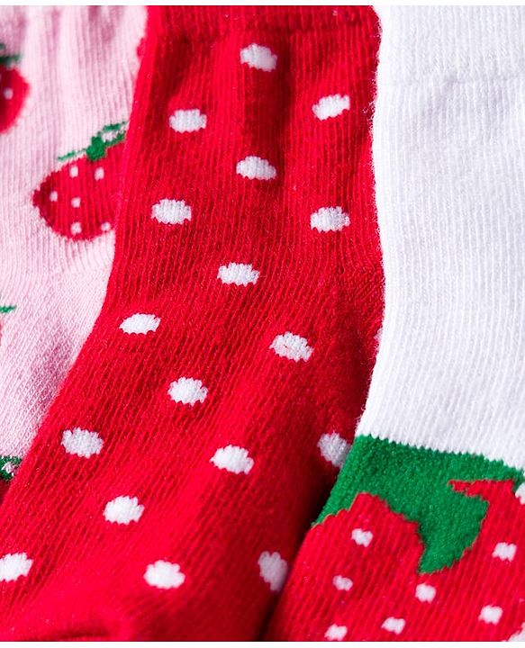 Cute Walk by Babyhug Knit Anti Bacterial Ankle Length Socks With Polka Dot & Strawberry Design Pack of 3 - Multicolor