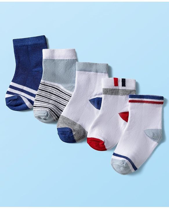 Cute Walk by Babyhug Knitted Ankle Length Anti-bacterial Sock with Stripes Print Pack of 5 - Blue & White