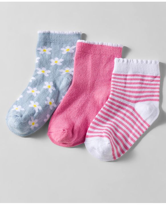 Cute Walk by Babyhug Knit Anti Bacterial Ankle Length Socks With Stripes & Floral Design Pack of 3 - Multicolor