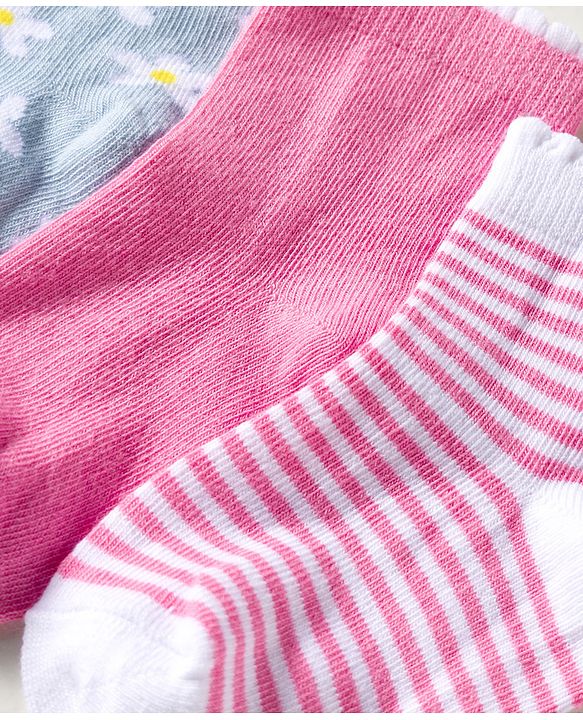 Cute Walk by Babyhug Knit Anti Bacterial Ankle Length Socks With Stripes & Floral Design Pack of 3 - Multicolor