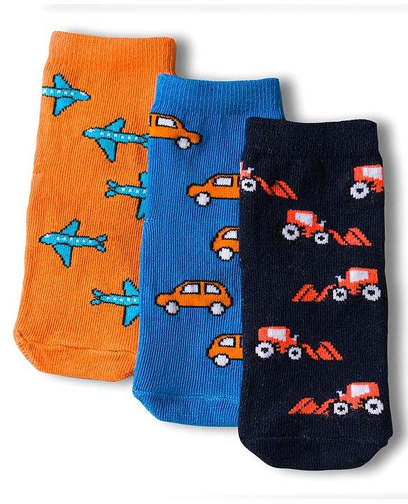Cute Walk by Babyhug Knit Anti Bacterial Ankle Length Socks With Vehicle Design Pack of 3 - Multicolor