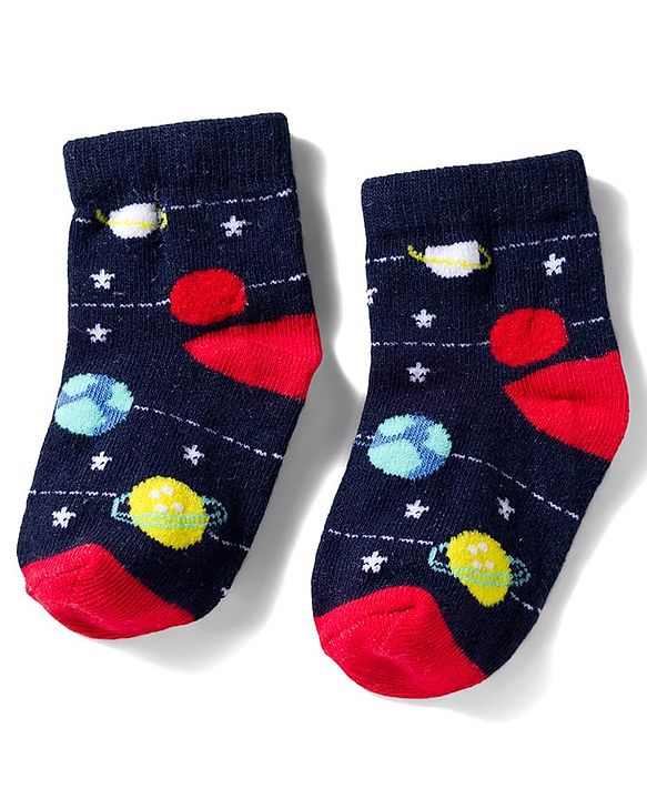 Cute Walk by Babyhug Knit Anti Bacterial Ankle Length Socks With Stripes & Space Theme Design Pack of 3 - Multicolor