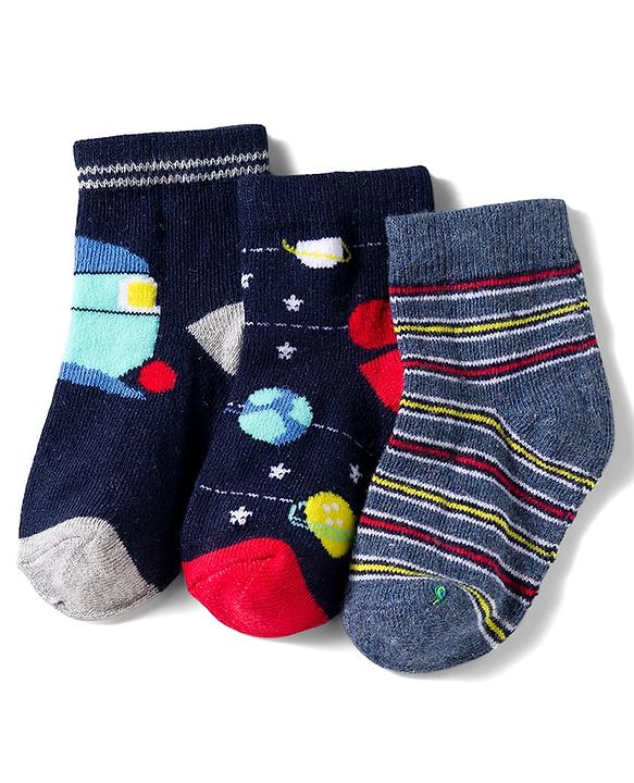 Cute Walk by Babyhug Knit Anti Bacterial Ankle Length Socks With Stripes & Space Theme Design Pack of 3 - Multicolor