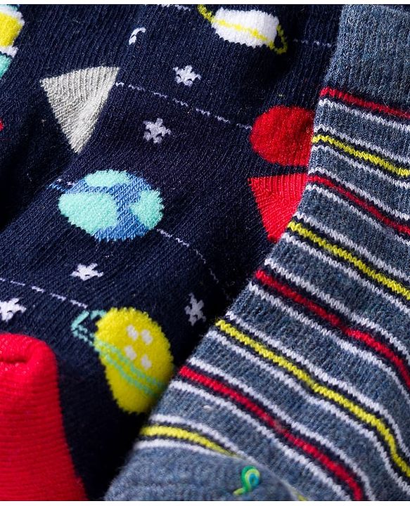 Cute Walk by Babyhug Knit Anti Bacterial Ankle Length Socks With Stripes & Space Theme Design Pack of 3 - Multicolor
