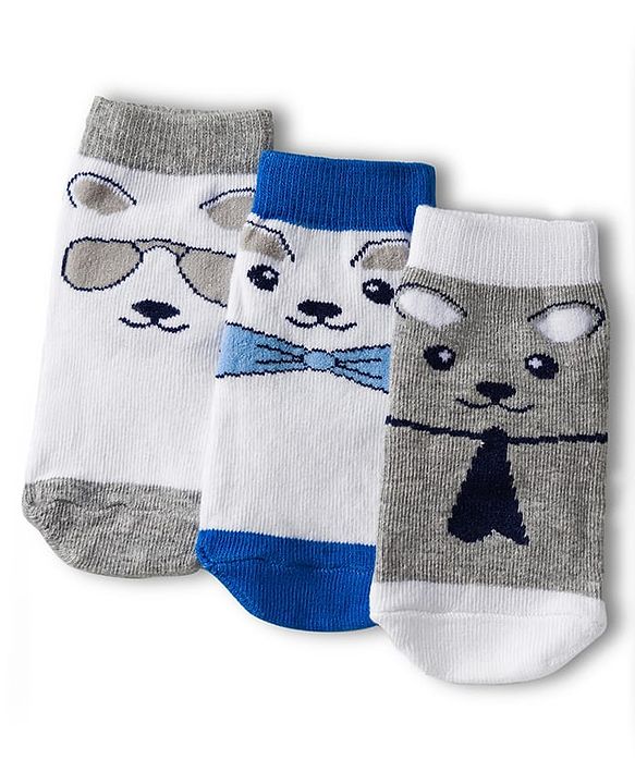 Cute Walk by Babyhug Knit Anti Bacterial Ankle Length Socks With Animal Design Pack of 3 - Multicolor