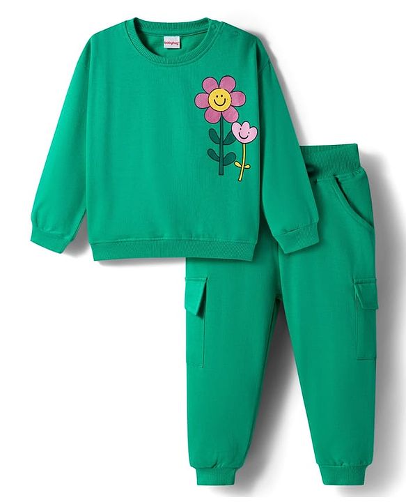 Babyhug Knit Premium Light Gauge 100% Cotton Terry Full Sleeves Top and Joggers Set With Front & Back Floral Print - Green