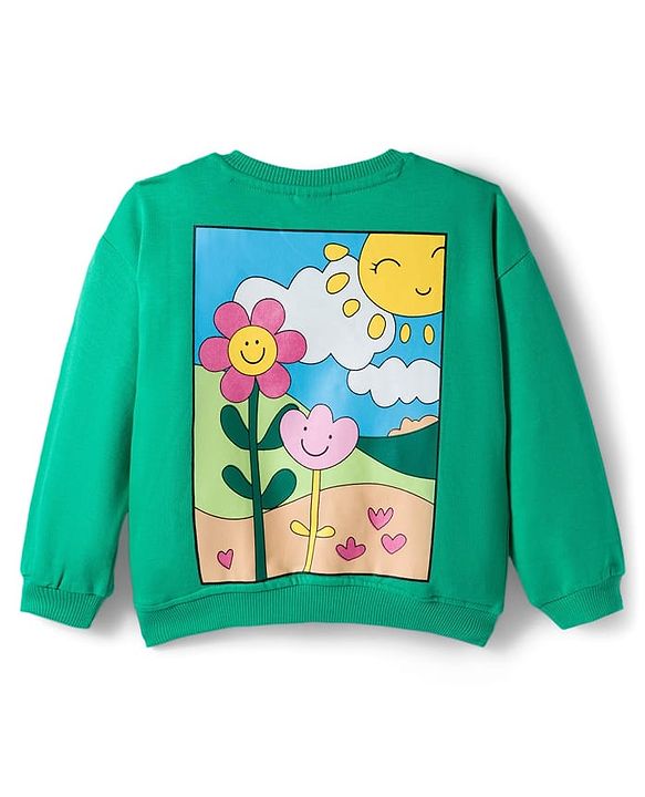 Babyhug Knit Premium Light Gauge 100% Cotton Terry Full Sleeves Top and Joggers Set With Front & Back Floral Print - Green