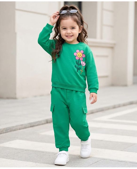 Babyhug Knit Premium Light Gauge 100% Cotton Terry Full Sleeves Top and Joggers Set With Front & Back Floral Print - Green