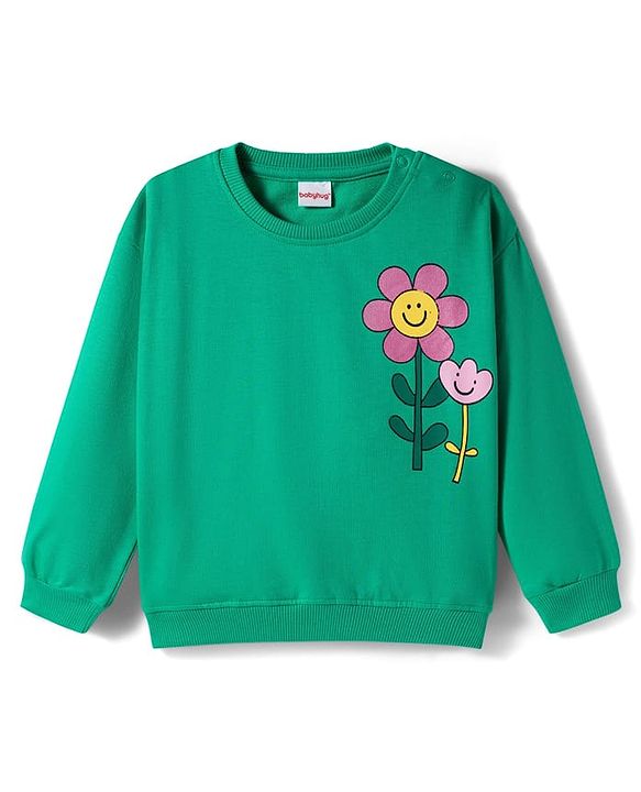 Babyhug Knit Premium Light Gauge 100% Cotton Terry Full Sleeves Top and Joggers Set With Front & Back Floral Print - Green
