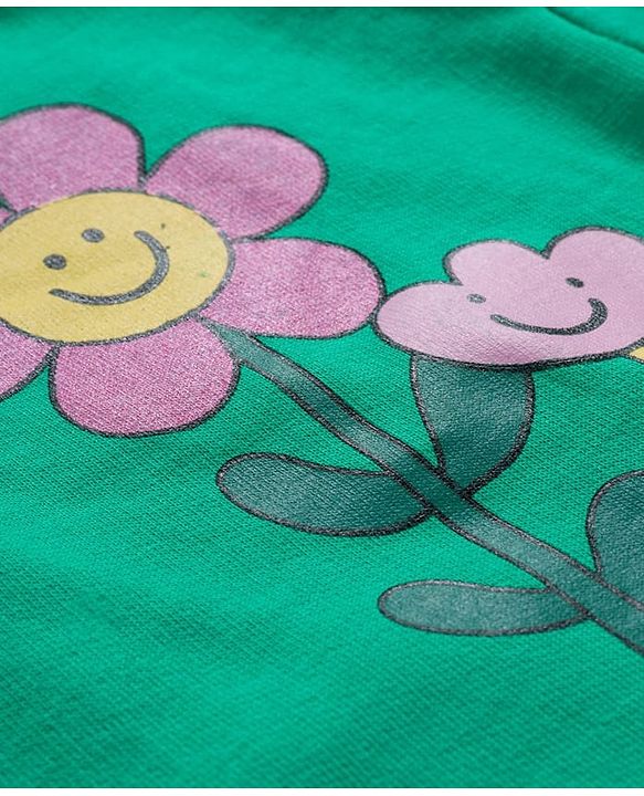 Babyhug Knit Premium Light Gauge 100% Cotton Terry Full Sleeves Top and Joggers Set With Front & Back Floral Print - Green