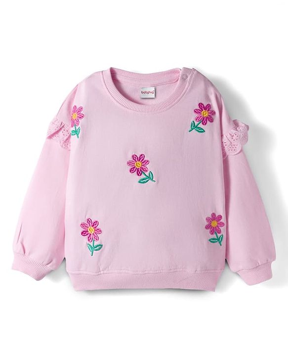 Babyhug Knit Premium Light Gauge Terry Full Sleeves Top and Joggers Set with Floral Embroidery - Pink