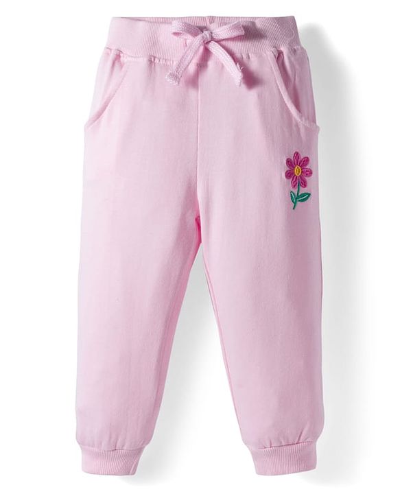 Babyhug Knit Premium Light Gauge Terry Full Sleeves Top and Joggers Set with Floral Embroidery - Pink