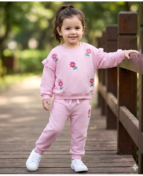 Babyhug Knit Premium Light Gauge Terry Full Sleeves Top and Joggers Set with Floral Embroidery - Pink