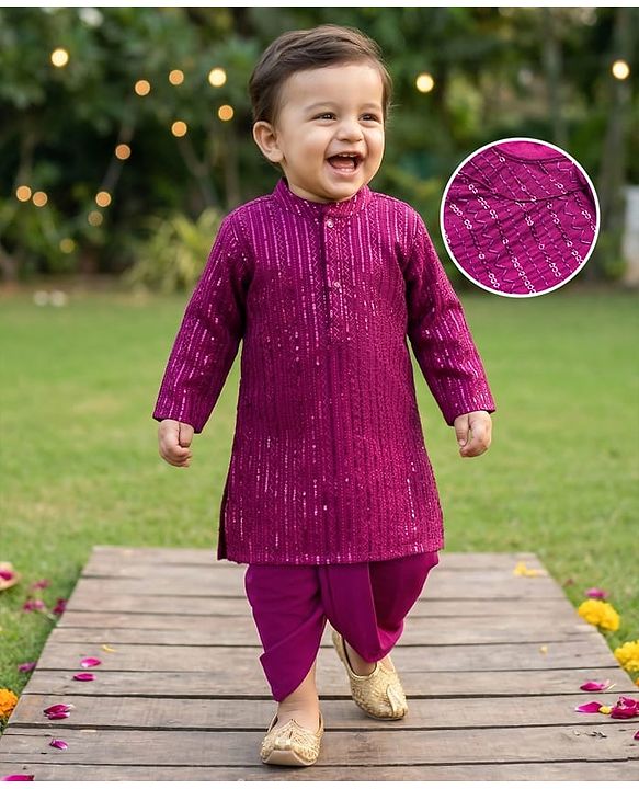 Babyhug Cotton Woven Full Sleeves Kurta Dhoti Set with Sequin Detailing - Purple