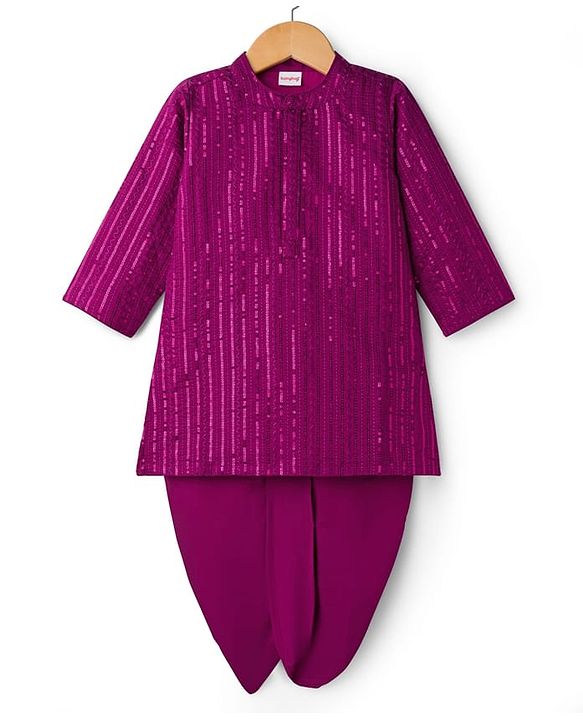 Babyhug Cotton Woven Full Sleeves Kurta Dhoti Set with Sequin Detailing - Purple
