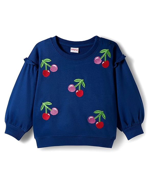 Babyhug Knit Premium Light Gauge Terry Full Sleeves Top & Lounge Pant Set with Cherry Embroidery - Navy Blue