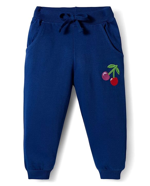 Babyhug Knit Premium Light Gauge Terry Full Sleeves Top & Lounge Pant Set with Cherry Embroidery - Navy Blue