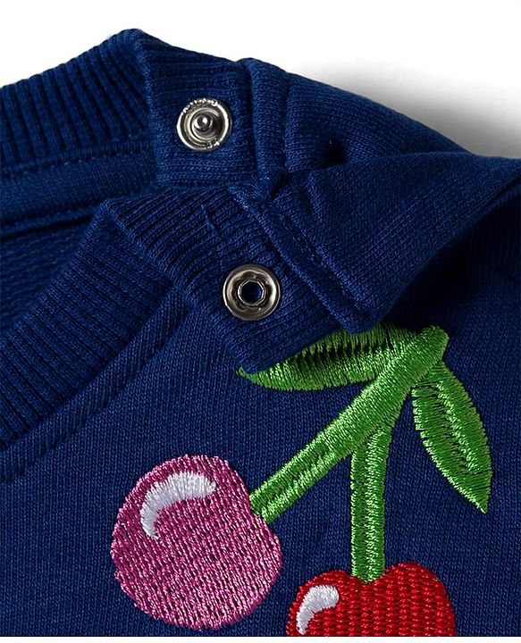 Babyhug Knit Premium Light Gauge Terry Full Sleeves Top & Lounge Pant Set with Cherry Embroidery - Navy Blue