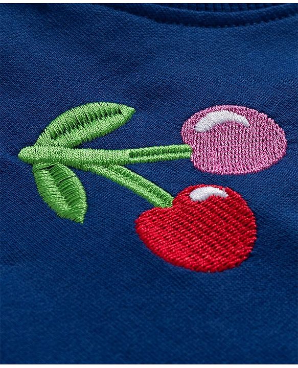 Babyhug Knit Premium Light Gauge Terry Full Sleeves Top & Lounge Pant Set with Cherry Embroidery - Navy Blue