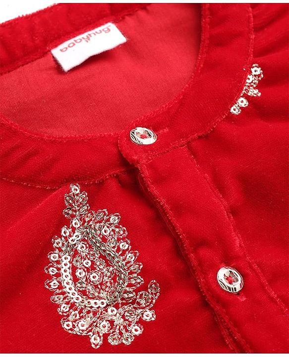 Babyhug Velvet Woven Full Sleeves Kurta Dhoti Set with Embroidery & Sequin Detailing - Red
