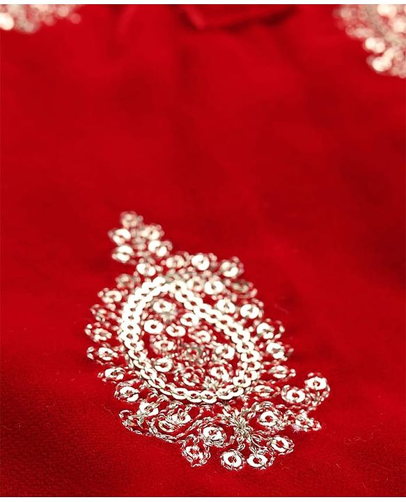 Babyhug Velvet Woven Full Sleeves Kurta Dhoti Set with Embroidery & Sequin Detailing - Red